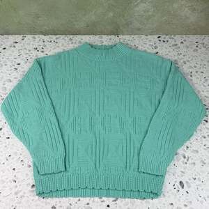 Vintage 80s Rose Mint Green Diamond Textured Long Sleeve Sweater Sz M
